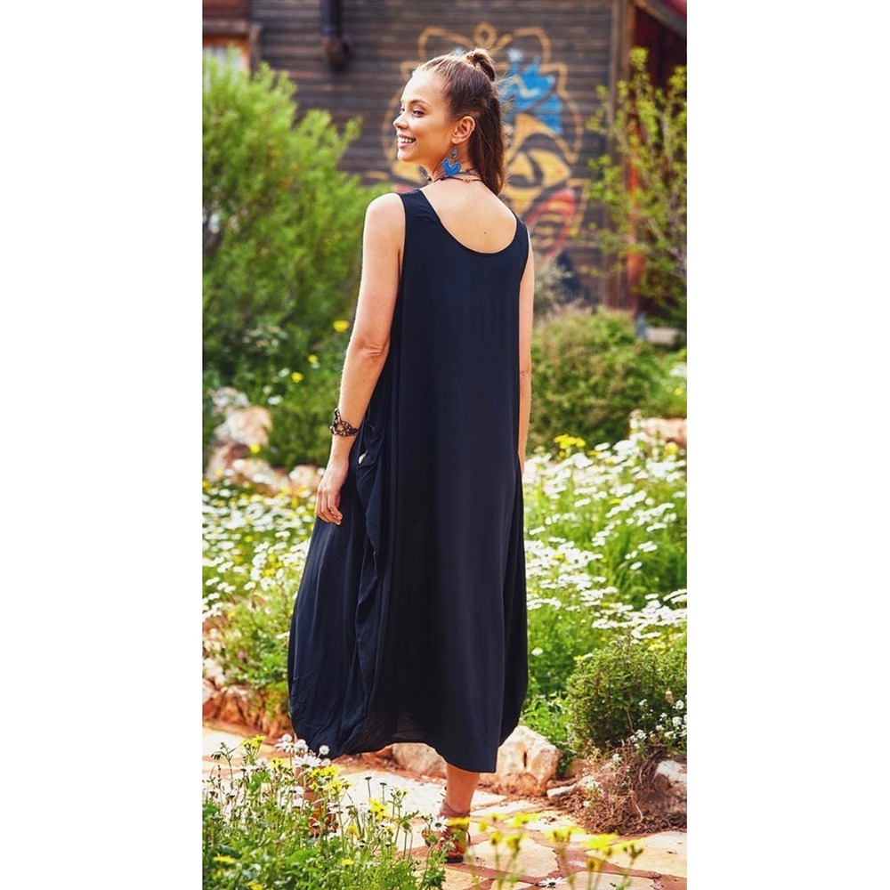 Sari Dewi‎ Collection Bali Black Rosette Maxi Dress Lagenlook Boho Sleeveless